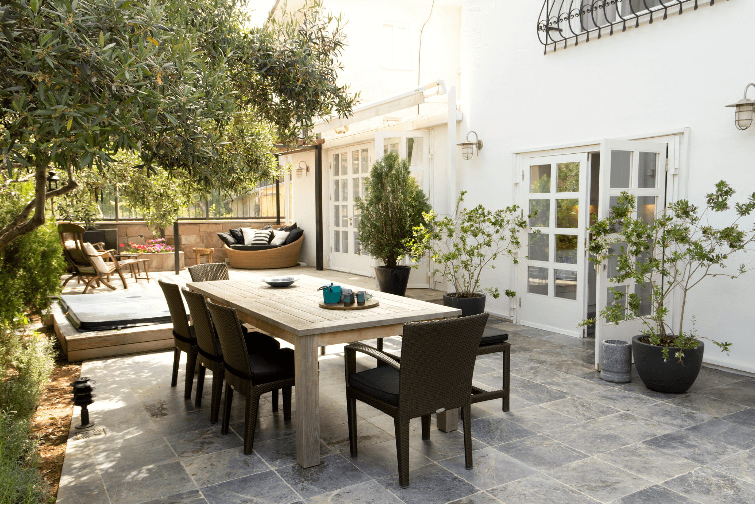 outdoor patio with table and chairs