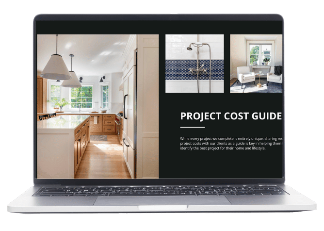 Laptop with kitchen and bathroom photos, Project Cost Guide Written as Title