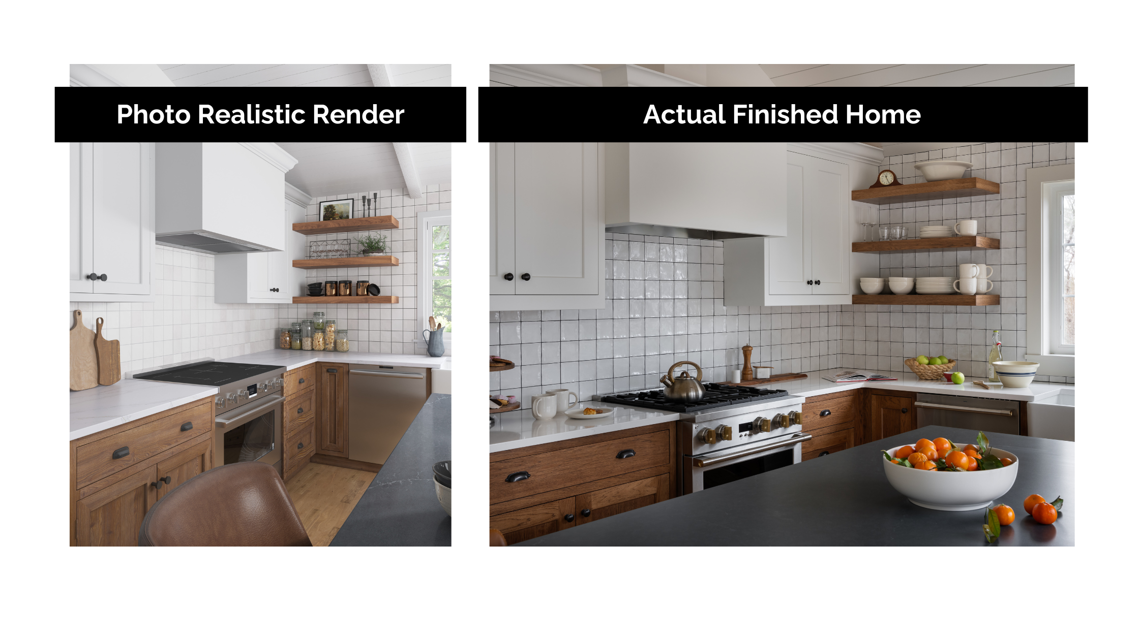 side by side of photorealistic kitchen render and actual finished kitchen
