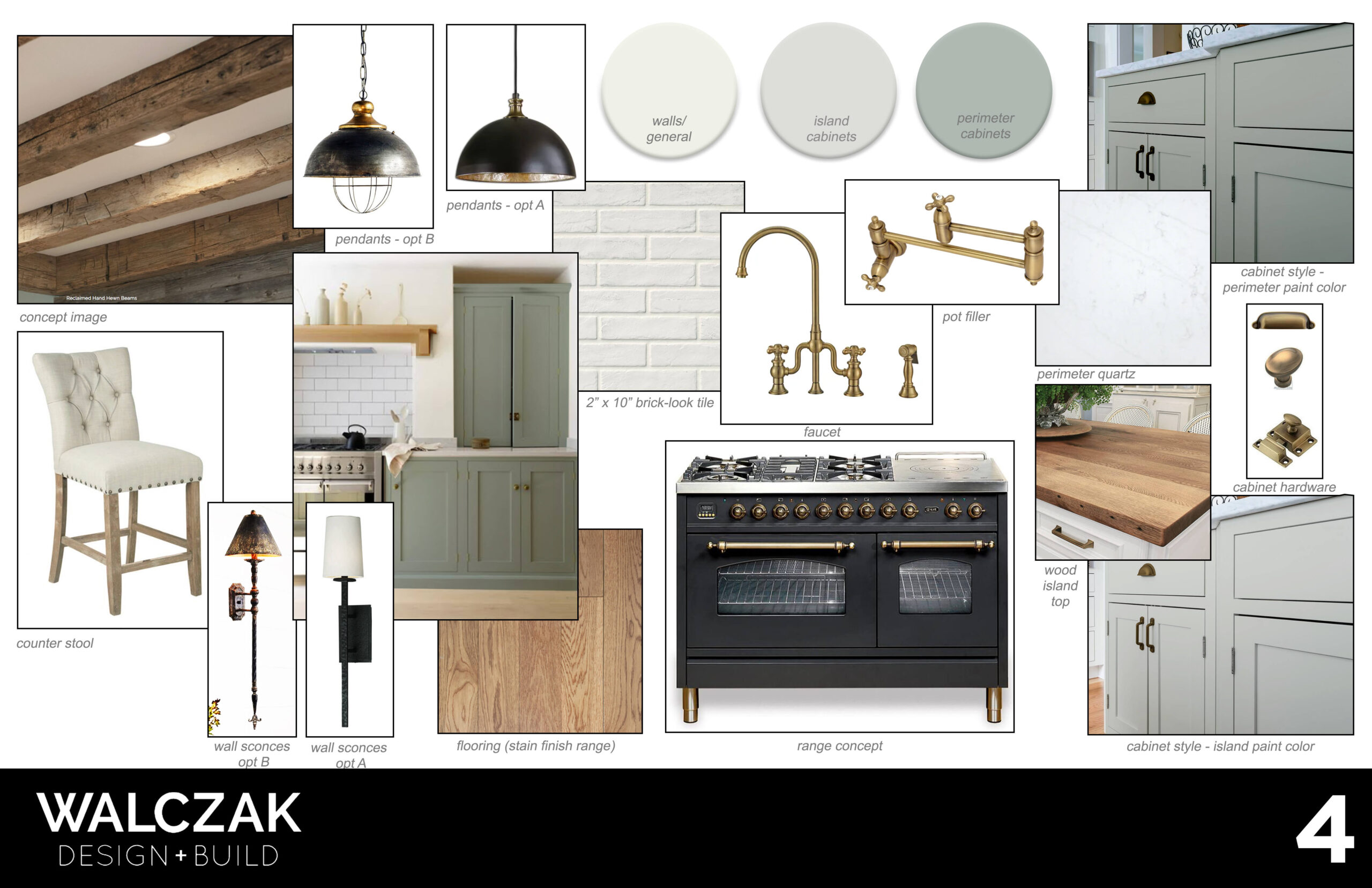 kitchen mood board with examples of paint colors, lighting, cabinetry, appliances and plumbing fixtures