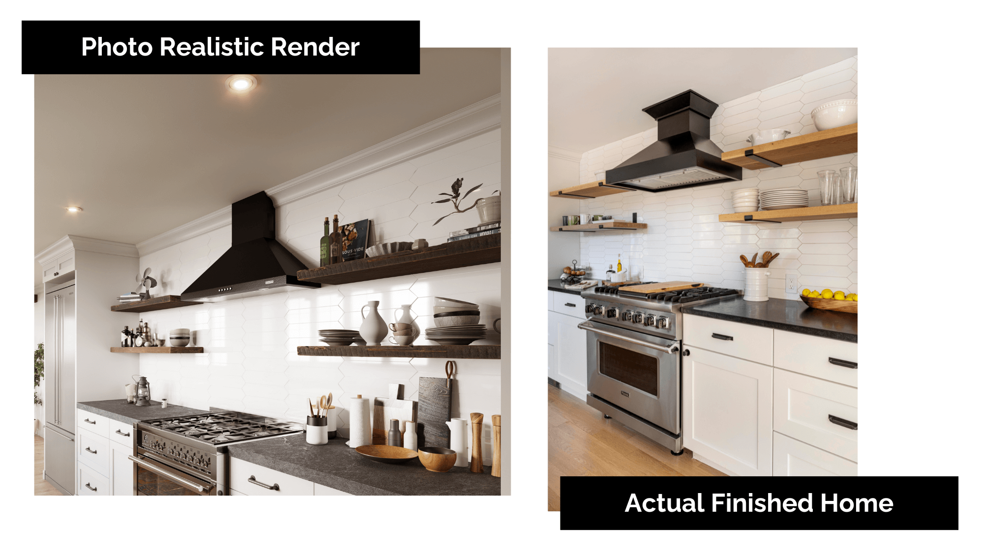 side by side comparison of a render and actual finished project