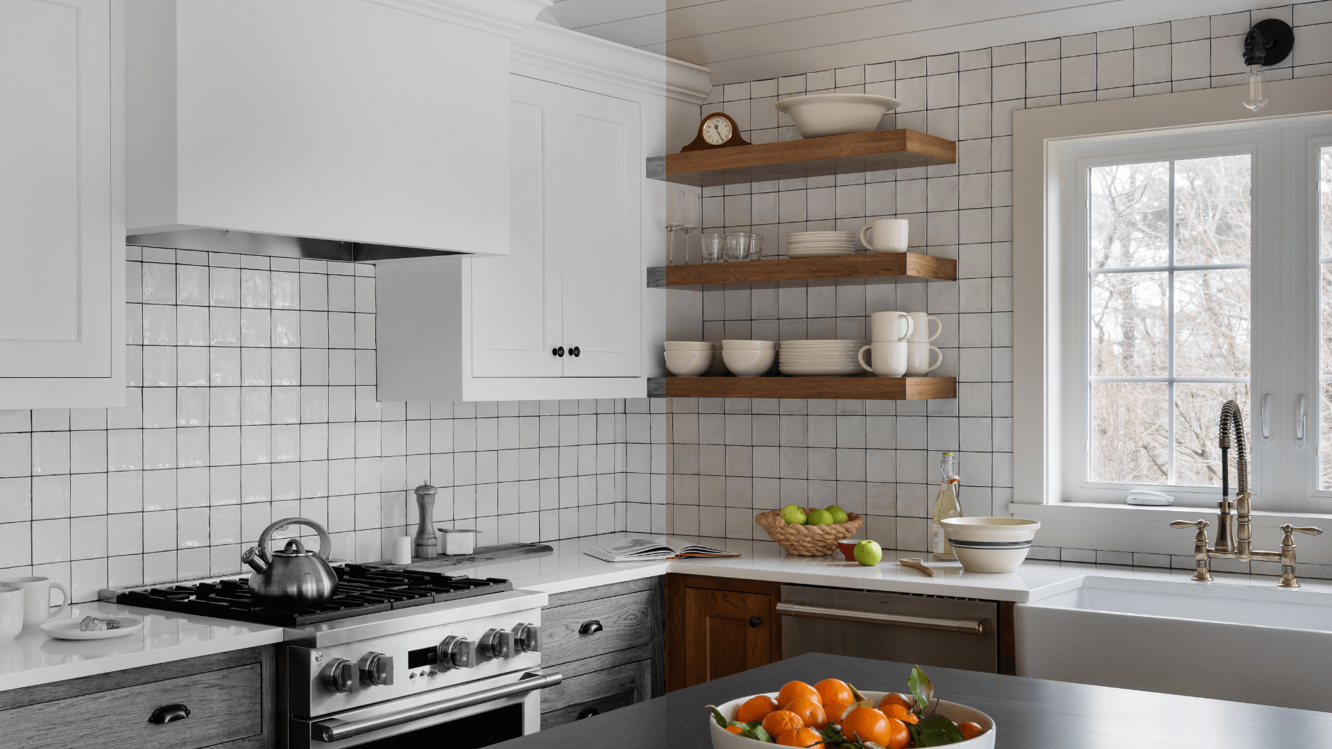 black and white to full color kitchen