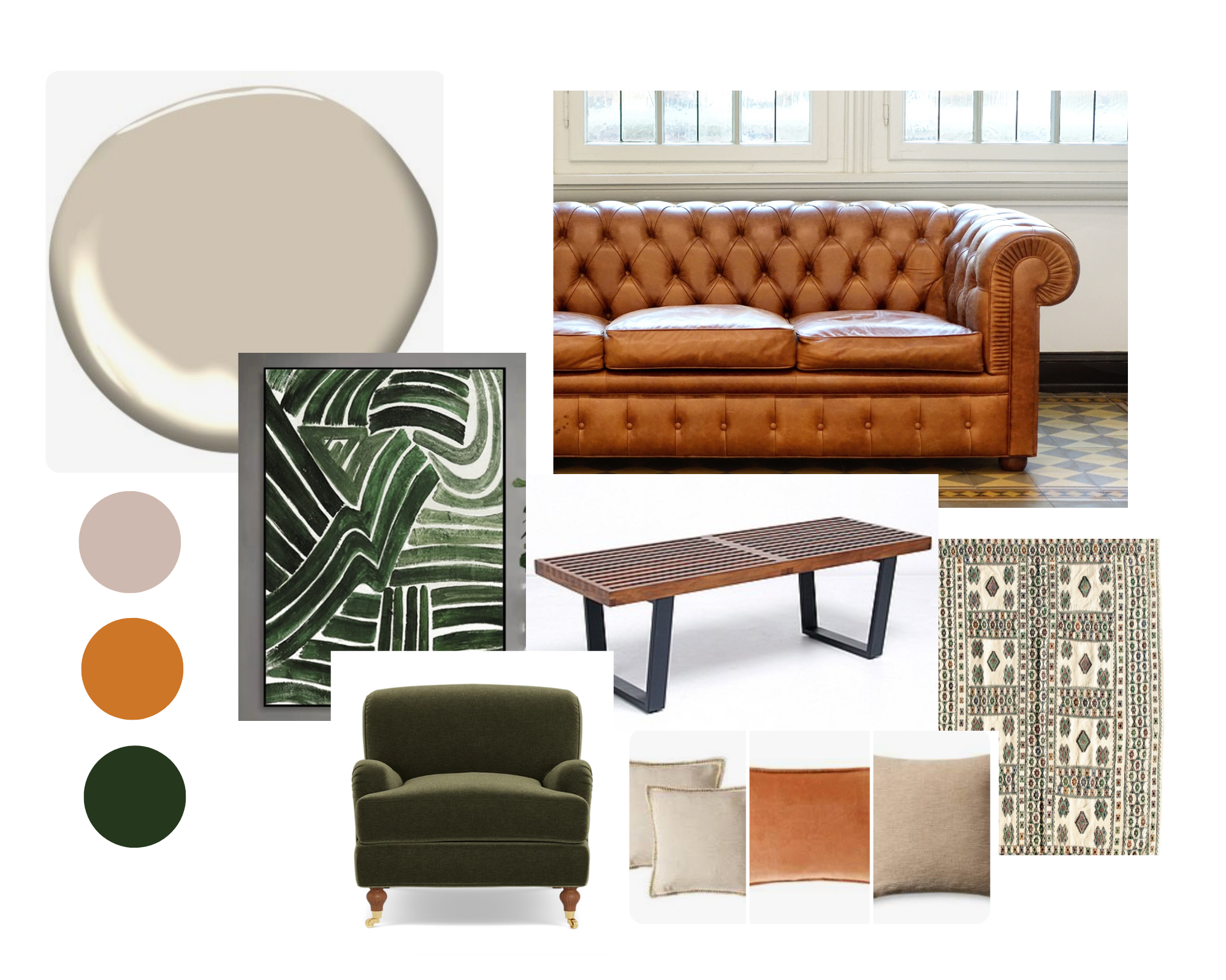 mood board with leather couch, wooden bench, green chair, green and taupe rug, taupe paint color, taupe pillows