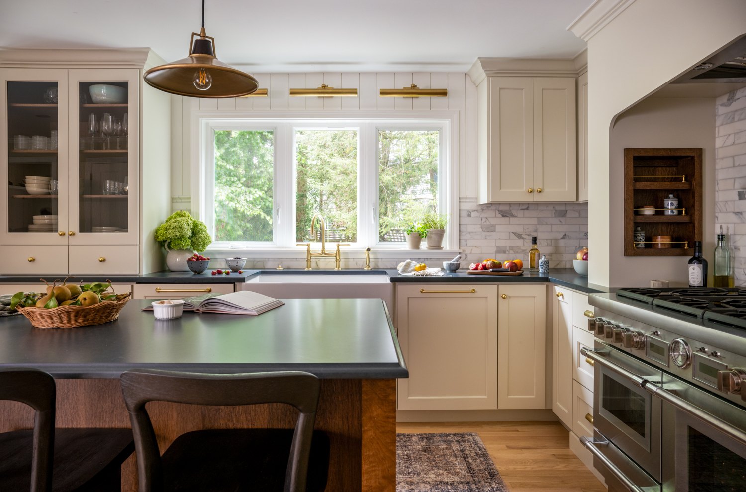 Kitchen island and range wall seen from the dining room