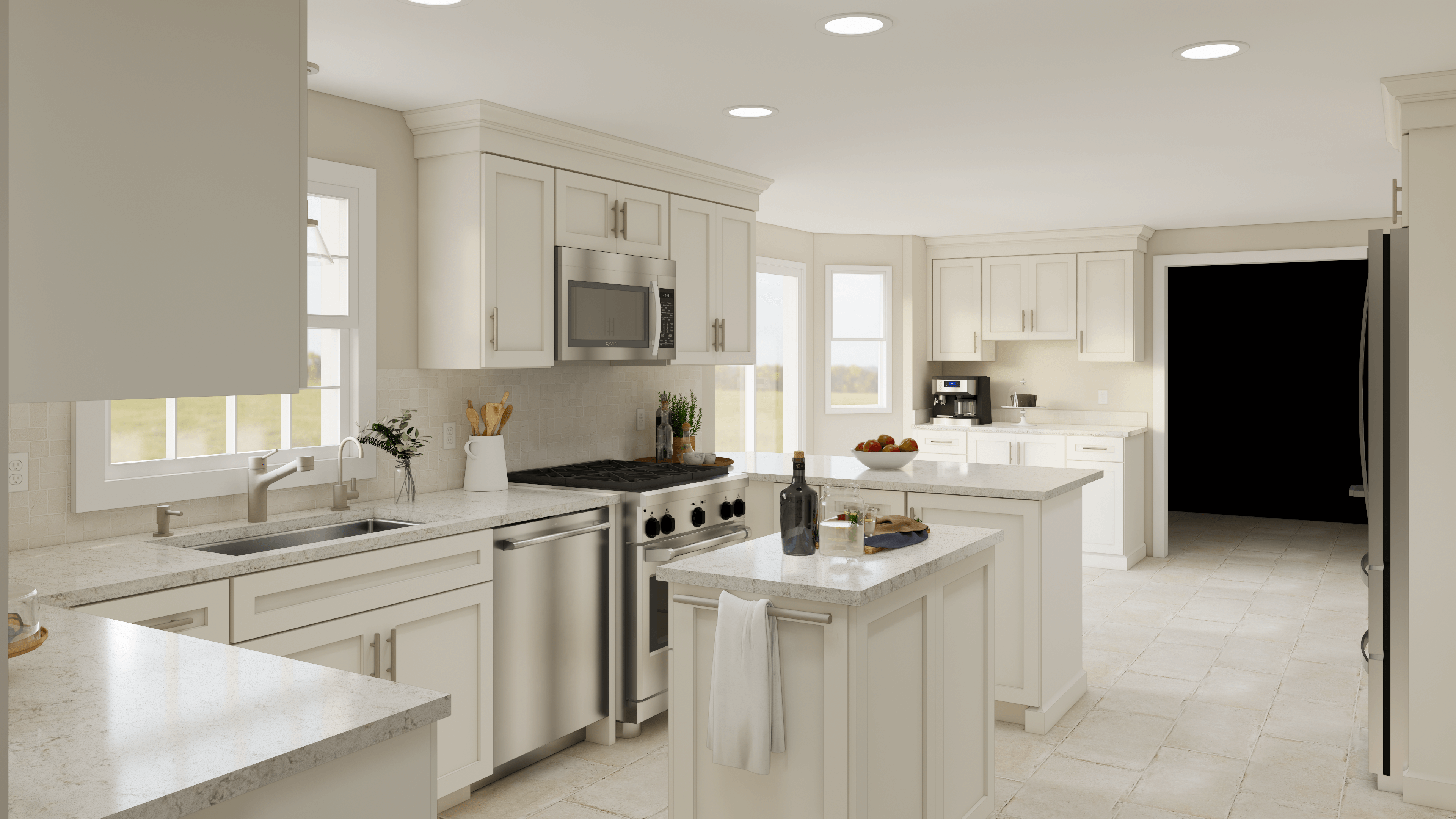 A 3D rendering of a white kitchen with an island