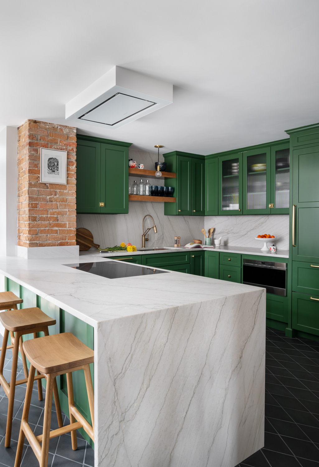 Santorini quartzite counters, green painted cabinetry